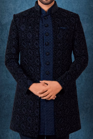 Navy Blue Jacquard Sherwani — view 5 of 6