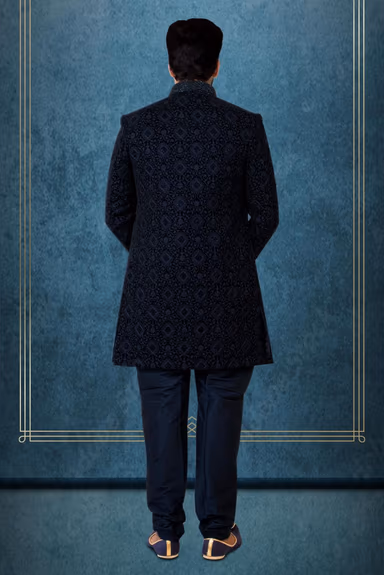 Navy Blue Jacquard Sherwani — view 4 of 6