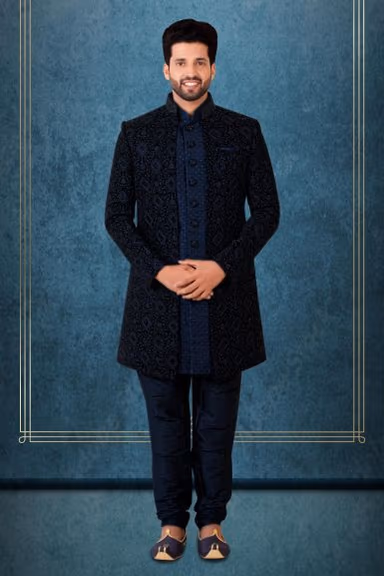 Navy Blue Jacquard Sherwani — view 1 of 6