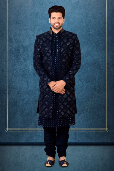 Navy Blue Lakhnavi Sherwani — view 1 of 6