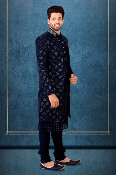 Navy Blue Lakhnavi Sherwani — view 3 of 6