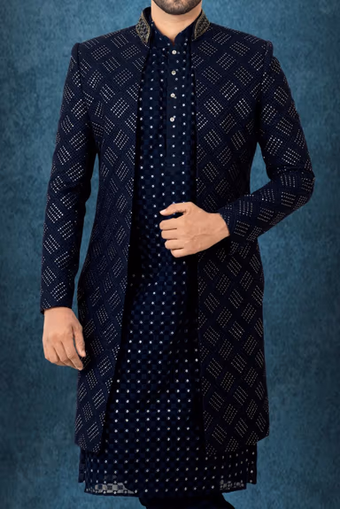 Navy Blue Lakhnavi Sherwani — view 4 of 6