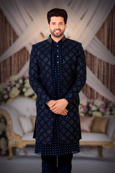 Navy Blue Lakhnavi Sherwani — view 2 of 6