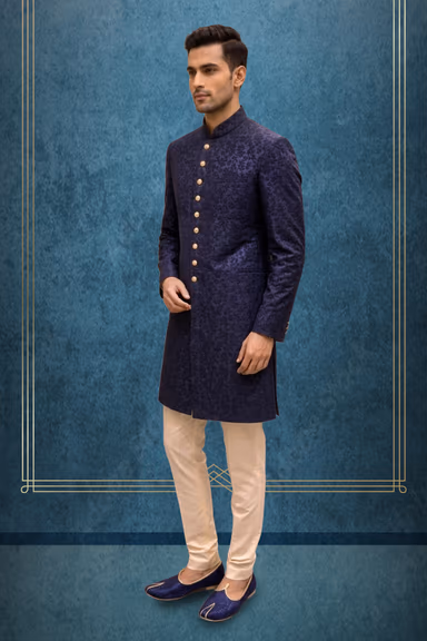 Elegant navy blue quilted sherwani with embossed golden button detailing — view 3 of 3