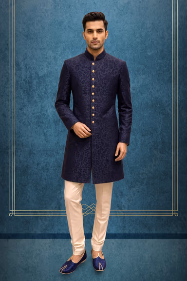 Elegant navy blue quilted sherwani with embossed golden button detailing — view 1 of 3