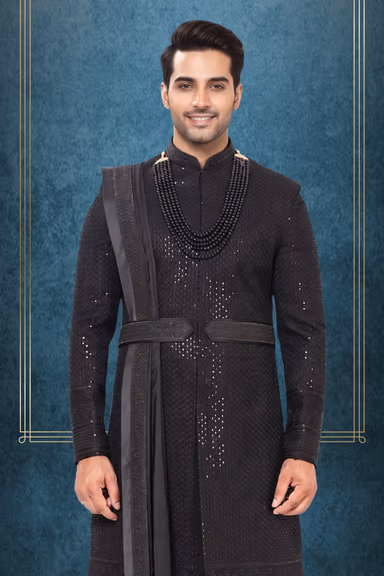 Regal Black Embroidered Sherwani Set with Dupatta — view 2 of 3