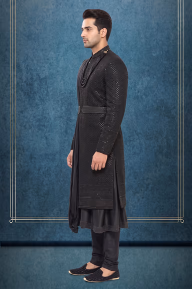 Regal Black Embroidered Sherwani Set with Dupatta — view 3 of 3