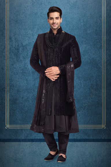 Regal Black Sequined Sherwani Set with Draped Stole — view 1 of 2