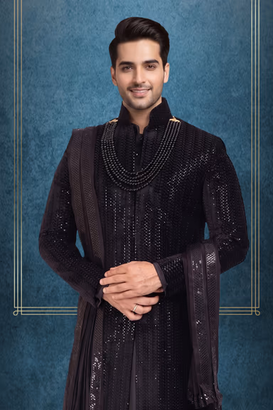 Regal Black Sequined Sherwani Set with Draped Stole — view 2 of 2