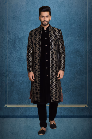 Black Sherwani Set With Silver Self Textured Jacket And Same Colour Pant — view 1 of 2