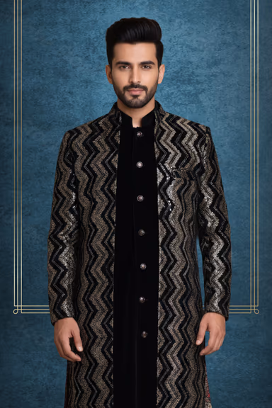 Black Sherwani Set With Silver Self Textured Jacket And Same Colour Pant — view 2 of 2