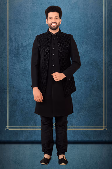 Black Silky Jacquard Sherwani — view 2 of 6