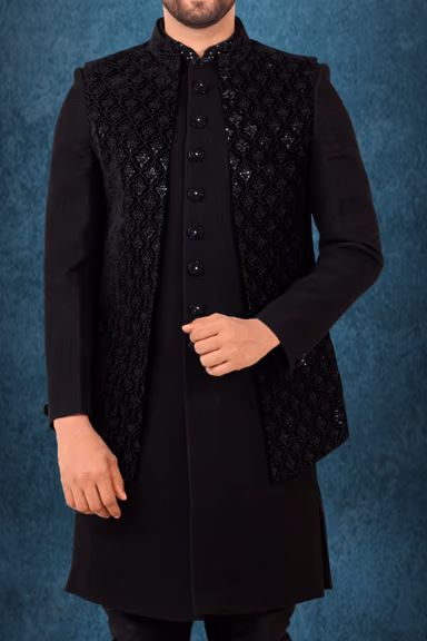 Black Silky Jacquard Sherwani — view 3 of 6