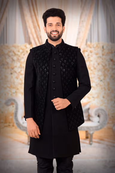 Black Silky Jacquard Sherwani — view 6 of 6