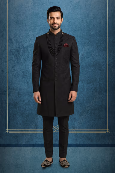 Black Textured Indo-Western sherwani — view 1 of 3