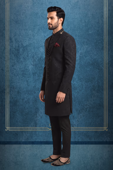 Black Textured Indo-Western sherwani — view 3 of 3