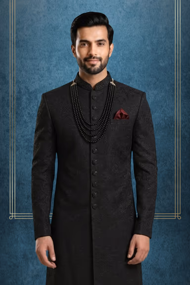Black Textured Indo-Western sherwani — view 2 of 3