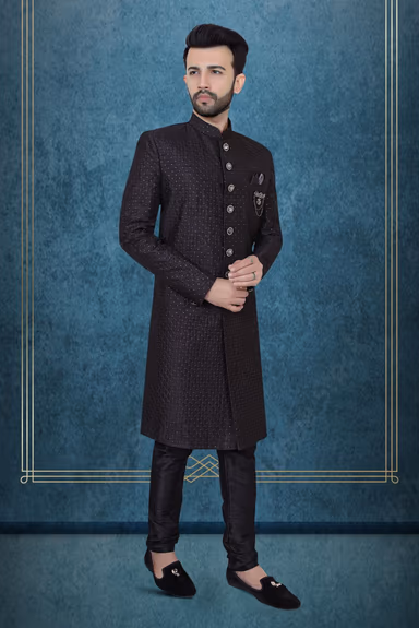 Black Textured Jacquard Sherwani  with Silver Buttons — view 3 of 6