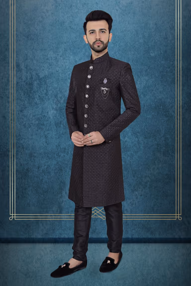 Black Textured Jacquard Sherwani  with Silver Buttons — view 2 of 6