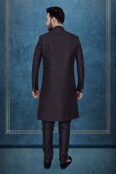 Black Textured Jacquard Sherwani  with Silver Buttons — view 5 of 6