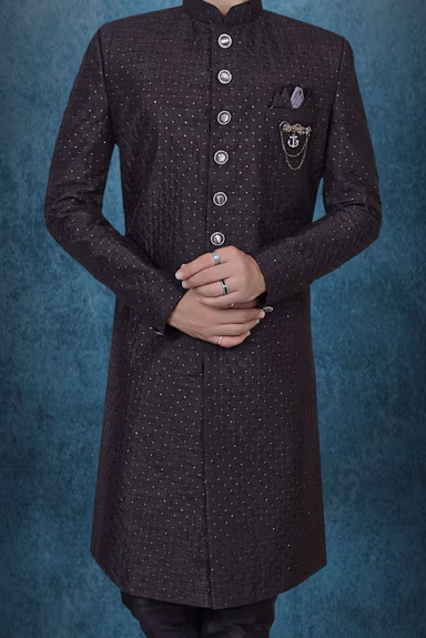 Black Textured Jacquard Sherwani  with Silver Buttons — view 4 of 6