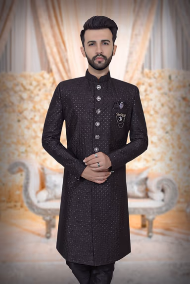 Black Textured Jacquard Sherwani  with Silver Buttons — view 6 of 6