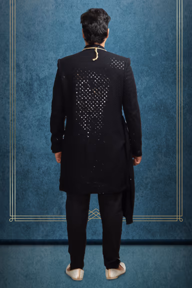 Black Textured Mens Sherwani With Black Pajama And  Shawl — view 4 of 4