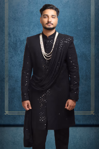 Black Textured Mens Sherwani With Black Pajama And  Shawl — view 2 of 4