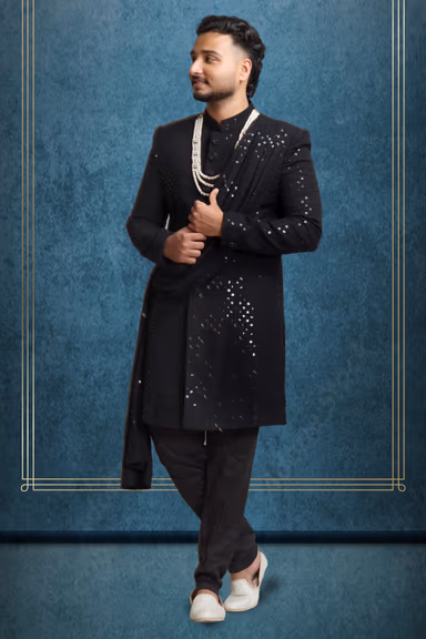 Black Textured Mens Sherwani With Black Pajama And  Shawl — view 3 of 4