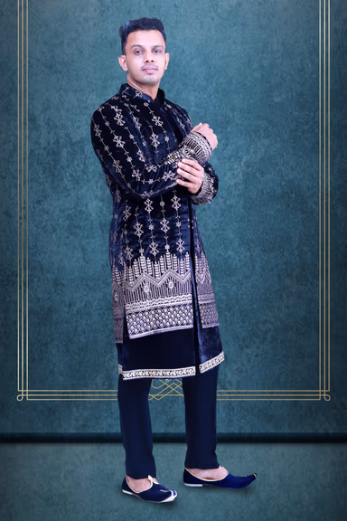 Black Velvet Sherwani With Threadwork Details — view 4 of 4