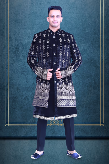 Black Velvet Sherwani With Threadwork Details — view 1 of 4