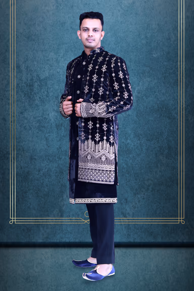 Black Velvet Sherwani With Threadwork Details — view 3 of 4
