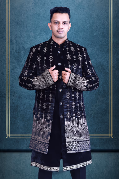 Black Velvet Sherwani With Threadwork Details — view 2 of 4