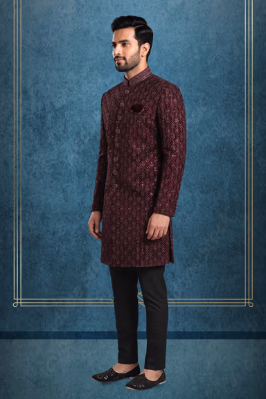 Wine Embroidered Velvet Sherwani — view 3 of 3