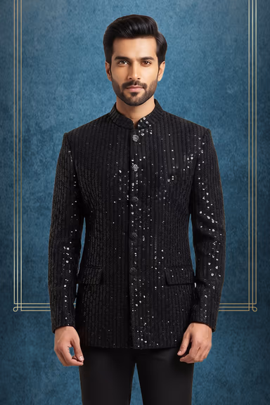 Black Textured Velvet Bandhgala Jodhpuri Jacket with Gold Brooch and Pocket Square. — view 2 of 3