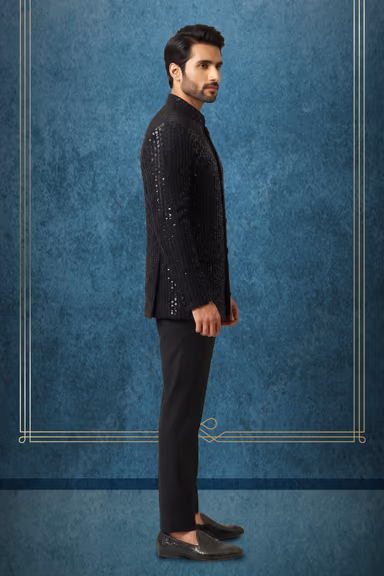 Black Textured Velvet Bandhgala Jodhpuri Jacket with Gold Brooch and Pocket Square. — view 3 of 3