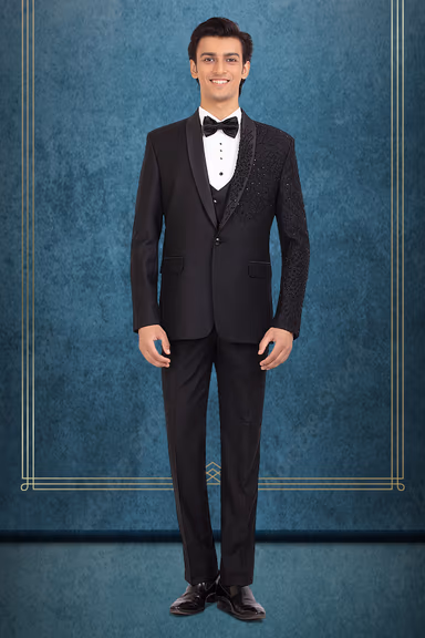 Black Asymmetric Embellished Lapel Tuxedo — view 1 of 4