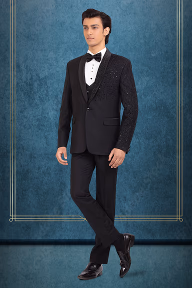 Black Asymmetric Embellished Lapel Tuxedo — view 2 of 4