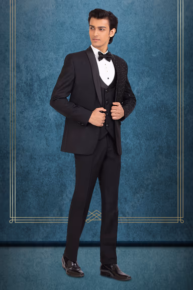 Black Asymmetric Embellished Lapel Tuxedo — view 3 of 4