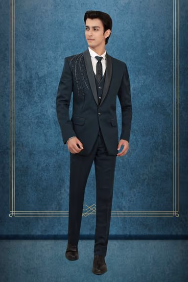 Blackish Green Tuxedo Suit with Sequin Embellished Shoulder and Satin Lapels — view 1 of 6