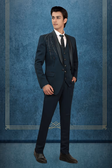 Blackish Green Tuxedo Suit with Sequin Embellished Shoulder and Satin Lapels — view 3 of 6