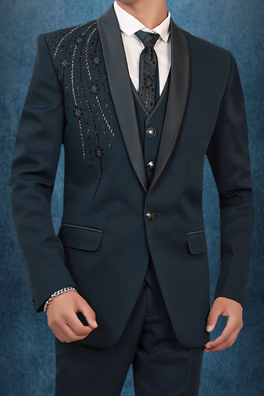 Blackish Green Tuxedo Suit with Sequin Embellished Shoulder and Satin Lapels — view 4 of 6