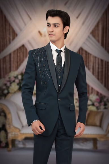 Blackish Green Tuxedo Suit with Sequin Embellished Shoulder and Satin Lapels — view 6 of 6