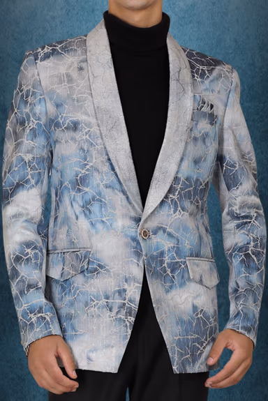 Blue And White Silky Jacquard Awesome Blazer — view 3 of 5