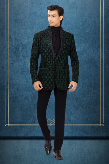 Emerald Green & Black Embellished Tuxedo Blazer Set — view 1 of 3