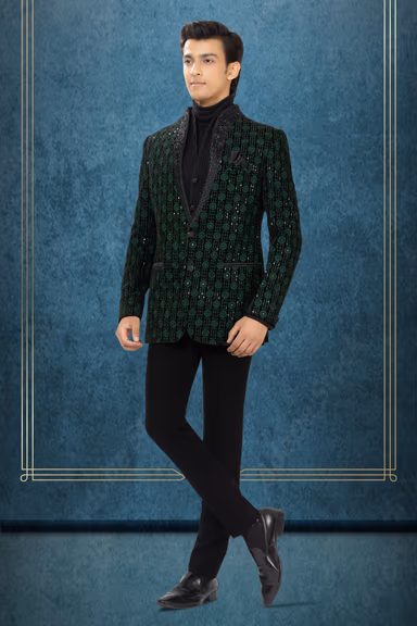 Emerald Green & Black Embellished Tuxedo Blazer Set — view 3 of 3