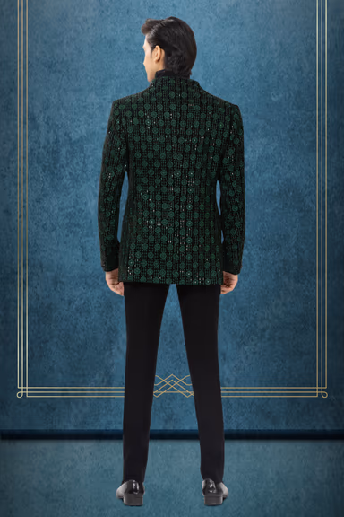 Emerald Green & Black Embellished Tuxedo Blazer Set — view 2 of 3