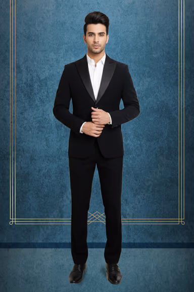 Classic Black Tuxedo Jacket Featuring Satin Peak Lapels And Matching Bow Tie Essential For Any Black Tie Affair — view 1 of 2