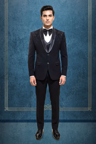 Men’s Black Imperial Luxe Wedding Tuxedo  with Sequined Shoulder Embellishment — view 1 of 2