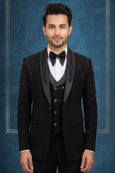 Men’s Black Tuxedo Suit with Sequined Shoulder Embellishment — view 2 of 2